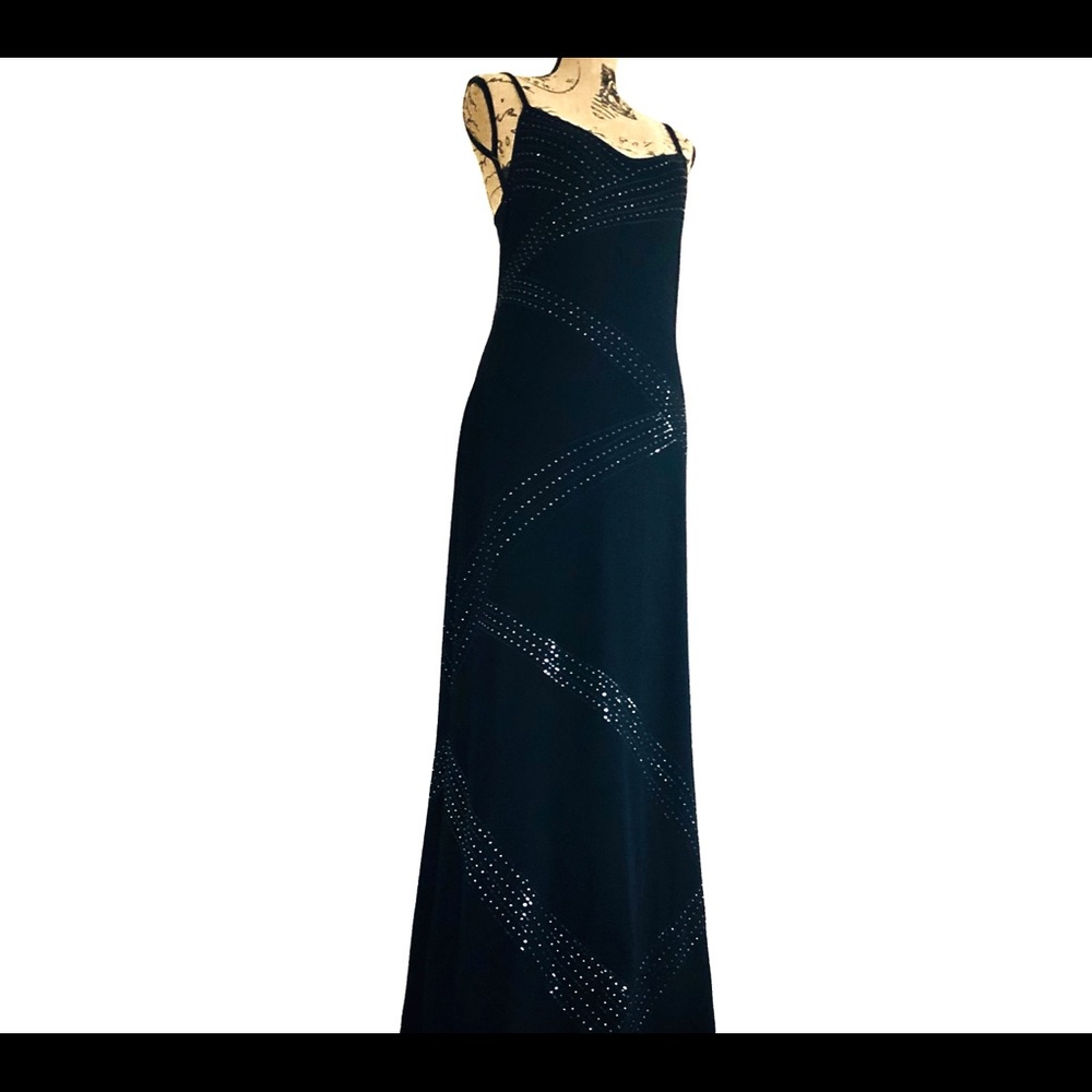 St. John Black Maxi Dress with Silver Accents